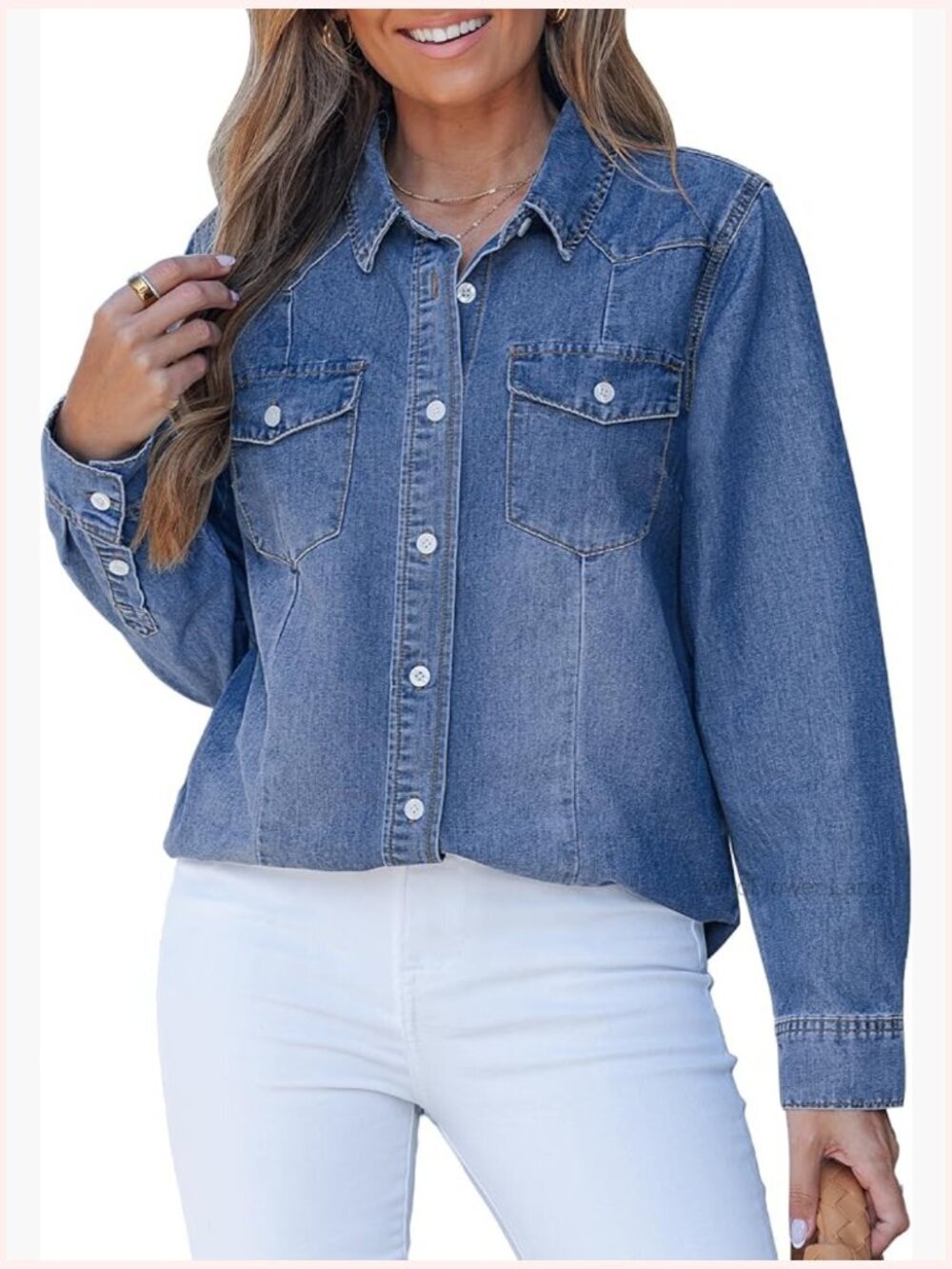 Long Sleeve Button Down Chambray Relaxed Fit Western Jean Shirt Top